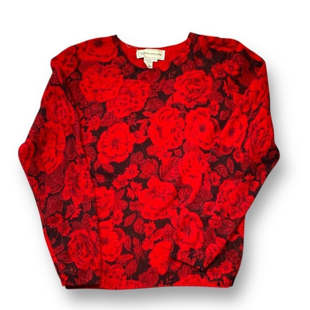 Vintage 90s Sweater Cherry Red Black Dark Floral Knit Pullover Wool Angora